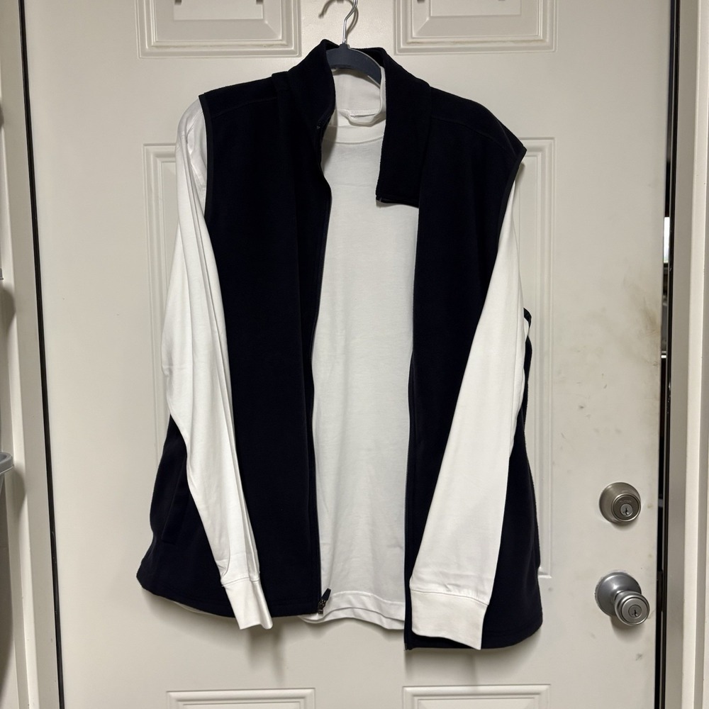 Lands End Men's Fleece Vest Large Black Full Zip Mock Neck Zip & Long Sleeve T